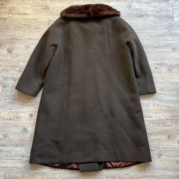 Vintage Trench Coat Women's Large Mink Fur Neck Brown Green 1950s Winter Button - Picture 2 of 14